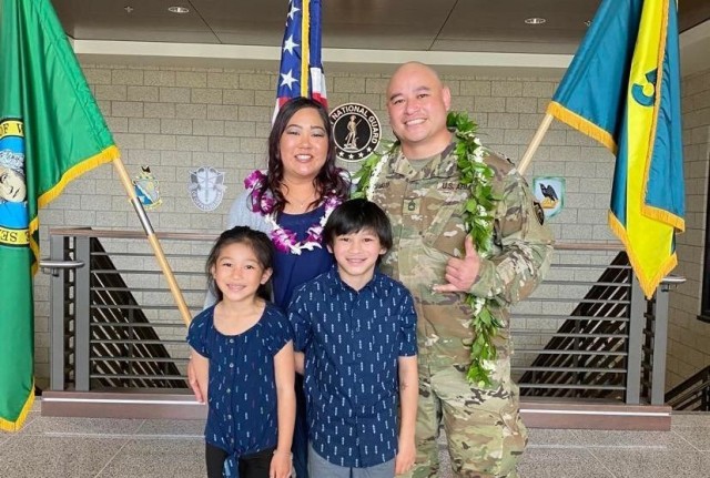 Sgt. 1st Class Lance Shimamoto and his family before deploying to Iraq in 2019. Shimamoto, a member of the Washington Army National Guard, was born in Hawaii. (Courtesy Photo)