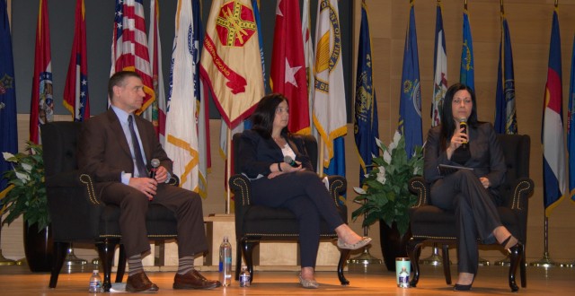 (From right) Liz Miranda, director of U.S. Army Communications-Electronics Command Integrated Logistics Support Center, answers questions regarding contract opportunities with Jennifer Swanson, director of CECOM Software Engineering Center, and Larry Muzzelo, deputy to the CECOM commanding general, during the Advanced Planning Briefing to Industry at the Myer Auditorium April 26.