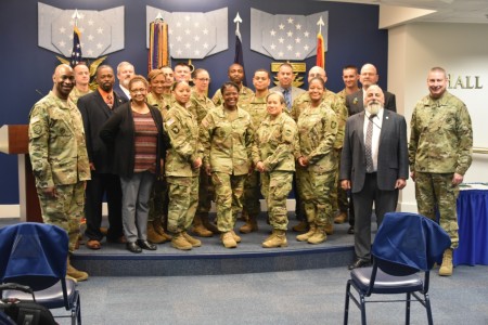 U.S. Army Lt. Gen. Donna Martin, center, the Inspector General of the Army, stands with Soldiers and Army civilian nominees for Inspector General of the Year at the Hall of Heroes in the Pentagon in Arlington, Virginia, April 20, 2022. 