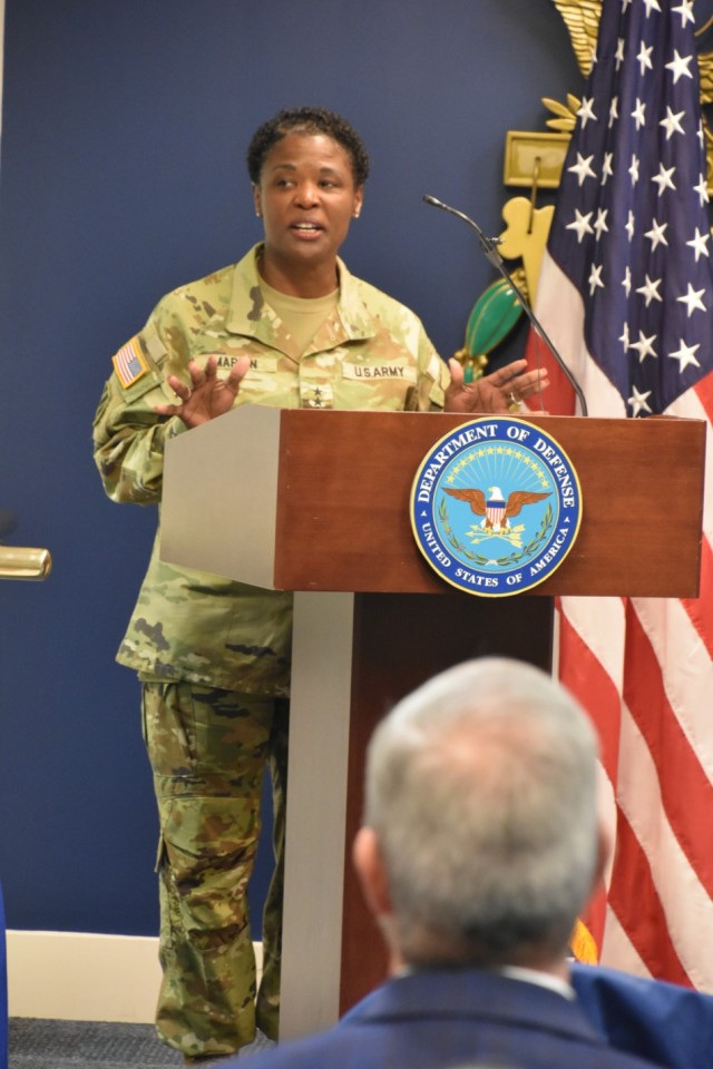 U.S. Army Lt. Gen. Donna W. Martin, the Inspector General of the Army, gives remarks following the presentation of Inspector General of the Year awards at the hall of Heroes in the Pentagon, Arlington, Virginia, April 20, 2022. 