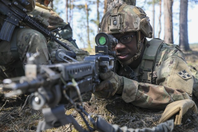 Army soldiers assigned to the 3rd Armored Brigade Combat Team, 4th Infantry Division, conduct scout operations at Drawsko Pomorskie, Poland, April 29, 2022.