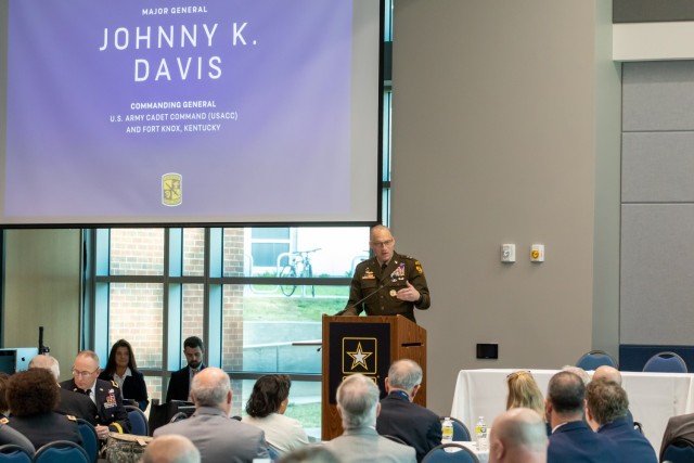 Maj. Gen. Johnny K. Davis, commanding general of U.S. Army Cadet Command, shares his remarks during the Army JROTC Cyber pilot program kickoff event, Huntsville, Ala., April 26, 2022. This program will offer a new opportunity for high school students across the nation to be introduced to the discipline of cyber security starting next school year. | Photo by Kyle Crawford, U.S. Army Cadet Command Public Affairs