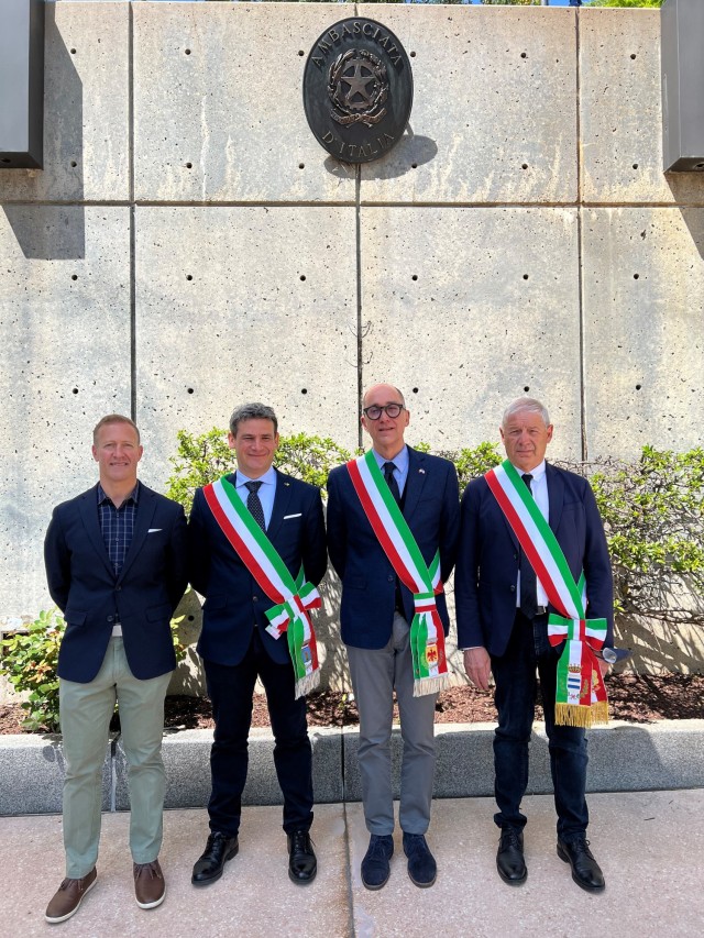 
Col. Erik M. Berdy, a former U.S. Army Garrison Italy commander, joins three mayors from the province of Vicenza came at the Italian Embassy in Washington D.C. on April 29, 2022. Pictured from, left to right, are Berdy, Andrea Nardin, mayor of Montegalda, Nicola Ferronato, mayor of Caldogno, Renzo Marangon and mayor of Camisano Vicentino.