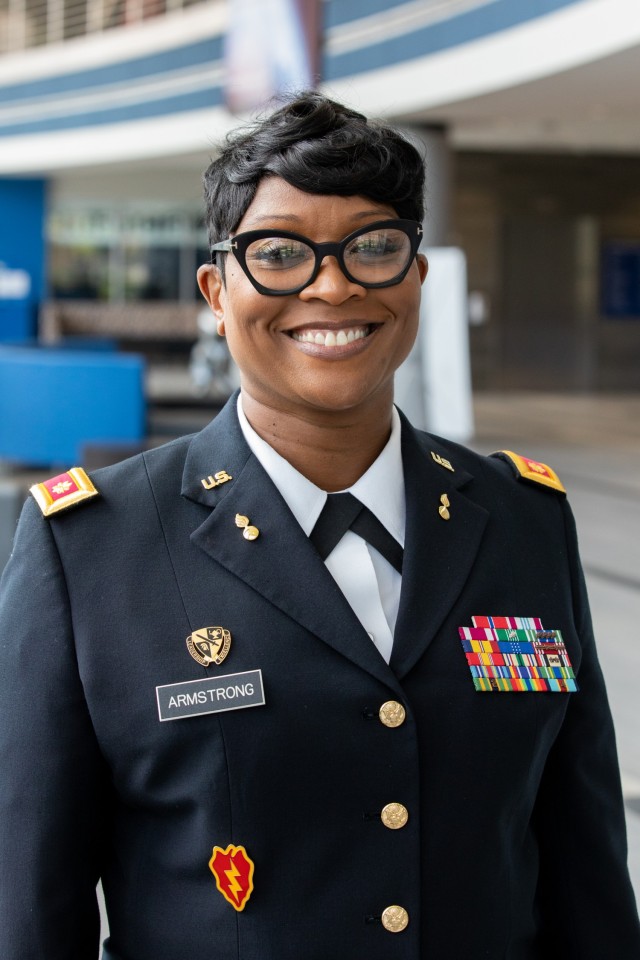 Maj. (Ret.) Crystal Armstrong, Army JROTC Cyber instructor for Liberty Magnet High School, attends the Army JROTC Cyber pilot program kickoff event, Huntsville, Ala., April 27, 2022.  | Photo by Kyle Crawford, U.S. Army Cadet Command Public Affairs