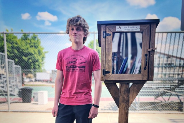 Sam Kloepper is proud to show his newest project, a Little Free Library on Caserma Ederle, which he needed to complete to earn the Eagle Rank in the Boy Scouts.  
