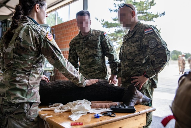 U.S. Army Maj. Katherine Fodor, a veterinarian in the 92nd Civil Affairs Battalion, explains canine casualty care to Croatian military working dog handlers using a simulated canine dummy as part of a multinational joint forces medical training during Exercise Trojan Footprint 22 near Udbina, Croatia, May 3, 2022. Trojan Footprint is the premier Special Operations Forces (SOF) exercise in Europe that focuses on improving the ability of SOF to counter myriad threats, increases integration with conventional forces and enhances interoperability with our NATO allies and European partners.