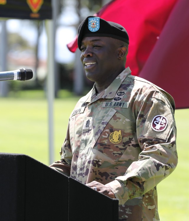 Command Sgt. Maj. Fergus J. Joseph, the new command sergeant major of Regional Health Command-Pacific, speaks at his assumption of responsibility ceremony, Fort Shafter, Hawaii, May 9, 2022