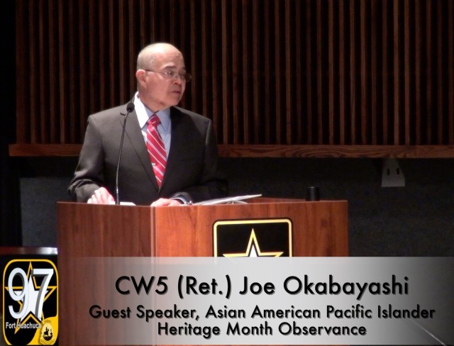 Chief Warrant Officer 5 (Retired) Joe Okabayashi serves as the guest speaker as the Fort Huachuca, Ariz. community marks Asian American & Pacific Islander Heritage Month with a cultural awareness observance. 