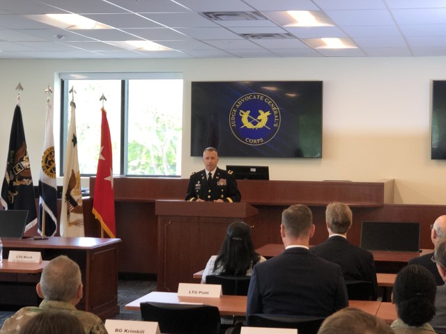 Lt. Gen. Stuart Risch, the Army Judge Advocate General, speaks at the opening of the Army&#39;s first Advocacy Center, on Fort Belvoir, Va., May 5, 2022.