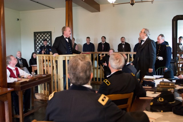 Members of the Confederation of Union Generals of Gettysburg reenact part of the Lincoln assassination conspirators&#39; military tribunal in June of 2015.