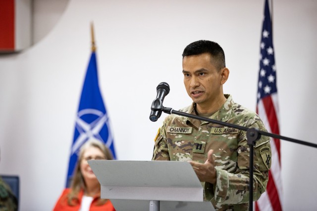 U.S. Army Capt. Kesa Channoy, team leader for Civil Affairs Team 0733, 407th Civil Affairs Battalion, talks about the importance of building relationships and civil-military cooperation during a ceremony for the combined Bulgarian Red Cross...