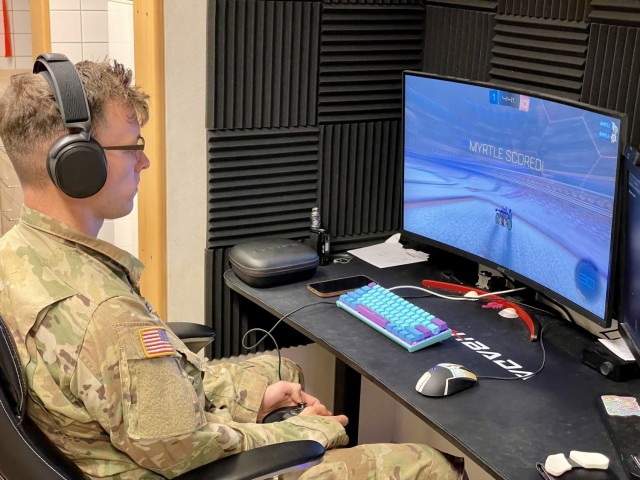 Spc. Keith Cole plays Rocket League in his barracks as he competes in the “Soldier Showdown II Esports Competition&#34; which was held from April 10 to May 1, 2021.