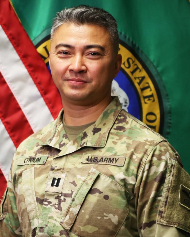 Capt. Laudy Choum, a signal officer with the 898th Brigade Engineer Battalion. Choum is a Cambodian refugee and has served in both the U.S. Marines and the Washington Army National Guard. 
