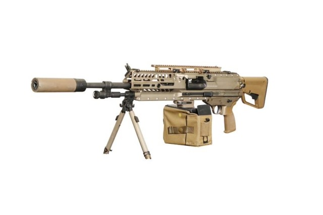 Pictured is the Army’s XM250 light machine gun designed to replace the M249. The XM250 weighs 13 pounds with a bipod and 14.5 with the suppressor.