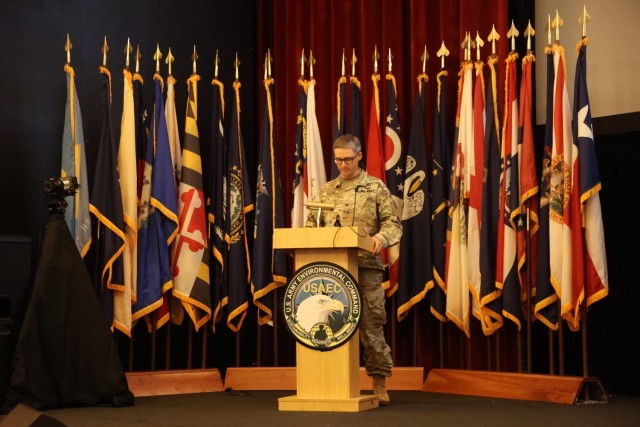 Col. Matt Kelly addresses his new organization after taking command of the U.S. Army Environmental Command on May 11, 2022.