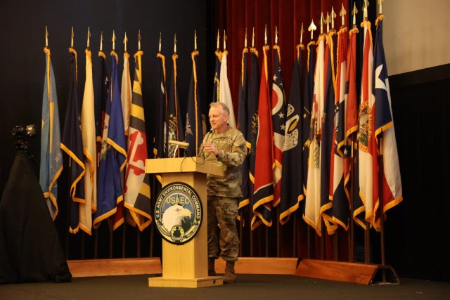 IMCOM Commanding General Lt. Gen. Doug Gabram addresses the audience as the host of the U.S. Army Environmental Command change of command. 