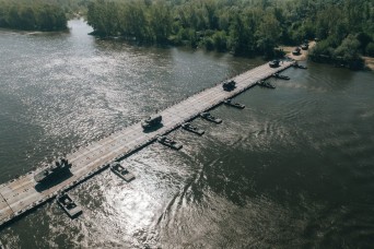 US Army float bridge system employed in Poland during DEFENDER-Europe 22