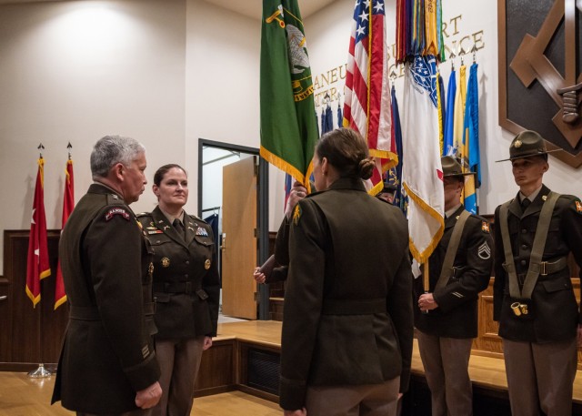 The U.S. Army Military Police School welcomed Col. Sarah Albrycht (second from left) during a change-of-commandant ceremony May 13 at Lincoln Hall Auditorium. 