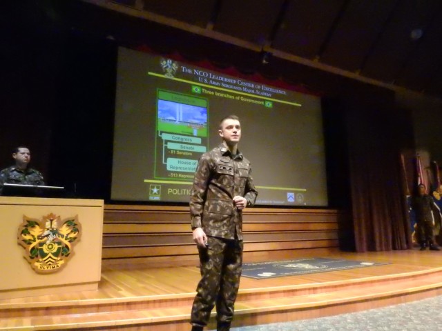 International military students attending the Sergeants Major Academy conduct briefings on their country. These briefings help familiarize Sergeants Major Course students about the political, socio-economic and military make-up of the countries...