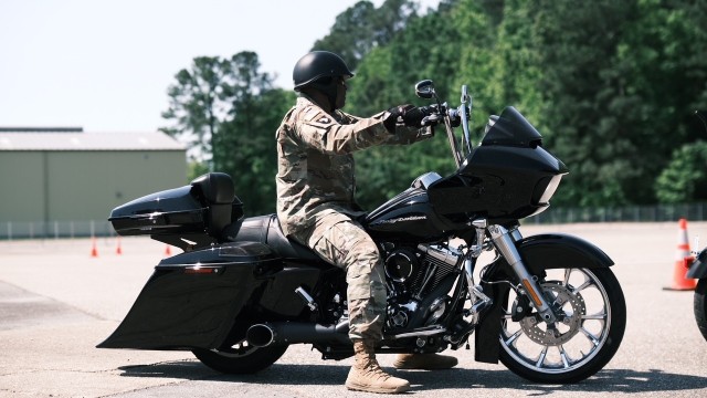 By taking the motorcycle safety course, Command Sgt. Maj. Lonnie Gabriel , 597th Transportation Brigade, enforced safety standards at Joint Base Langley-Eustis, Va. May 18.