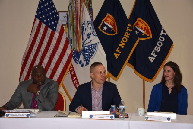Sgt. Maj. Dilworth Braithwaite (left to right), Col. Miles Gengler and Lt. Col. Bonnie Kovatch participate in the U.S. Army NATO Brigade’s semi-annual training brief during the Spring Leaders’ Summit in Castel Volturno, Italy.