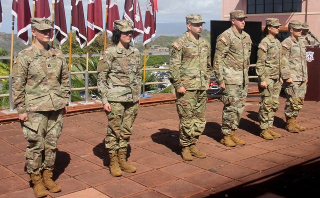 The six Regional Health Command-Pacific Soldiers who will represent the command at the U.S. Army Medical Command Best Leader Competition at Fort Benning, Georgia. From left: Dr. (Capt.) Ashlynn Turner, Public Health Command-Pacific; Staff Sgt. Hali Allen, PHC-P; Sgt. Michael Charbonneau, 549th Hospital Center/Brian D. Allgood Army Community Hospital, Camp Humphreys, South Korea; Spc. Logan Hadley, Tripler Army Medical Center; Spc. Polina Gashnikova, TAMC; and Pfc. Jacob Griffiths, BDAACH.