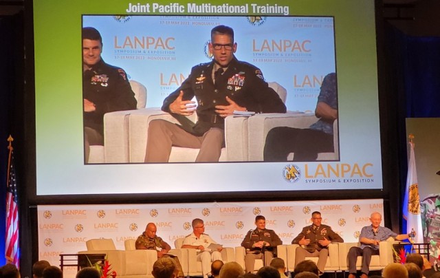Maj. Gen. Brian Eifler, U.S. Army Alaska commander, discusses combined joint training in the Indo-Pacific region during the 2022 Land Forces Pacific Symposium in Honolulu on May 18, 2022. 