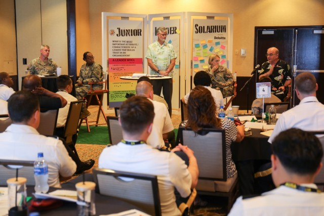A panel of experts speak about Army talent management during a leadership solarium at the Land Forces Pacific Symposium in Honolulu, May 19, 2022. Nearly 100 U.S. Army and foreign junior leaders participated in the solarium to learn more about building trust in their units, strategic thinking and talent management.
