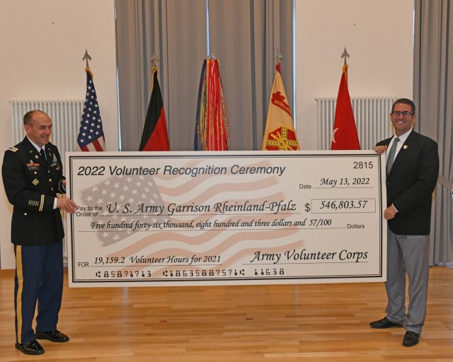 U.S. Army Garrison Rheinland-Pfalz Commander Lt. Col. Jeremy McHugh and Deputy to the Commander Michael Amarosa display the ceremonial check showing the equivalent monetary value of donated volunteer hours.