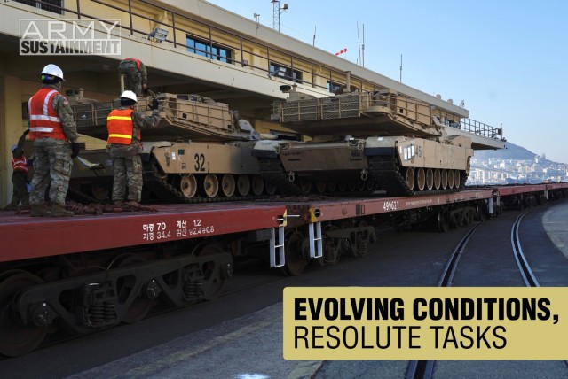 After arriving at the port, 1st Armored Brigade Combat Team, 1st Armored Division, from Fort Bliss, Texas, move armored and tracked vehicles and other equipment forward to their final destination via the Korean rail system on Feb. 27 at Busan, Korea.