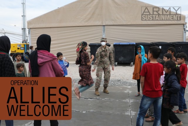 Capt. Emily Copple, 23rd Modular Ordnance Ammunition Company Commander, 18th Combat Sustainment Support Battalion, leads the Operation Allies Welcome Female Engagement Team made up of Soldiers from the 18th Combat Sustainment Support Battalion,...