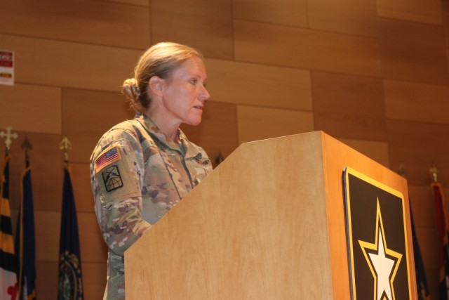 CECOM Command Sgt. Maj. Kristie Brady encourages Team APG to rely on each other for support during a mental health awareness fireside chat May 10.
 