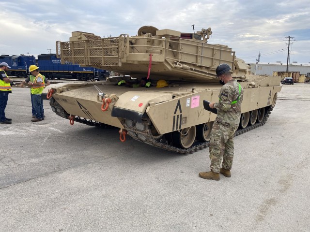 Maj. Bo Olsen, the S-3 from the 1-7th CAV CAV, 1st Armored Brigade Combat Team (1ABCT), 1st Cavalry Division, assisted with the accountability of equipment arriving at the Port of Beaumont for 1ABCT while collaborating with the 842nd Battalion SDDC Surface Deployment and Distribution Command on Oct. 8, 2020,  at the Port of Beaumont, Texas. 