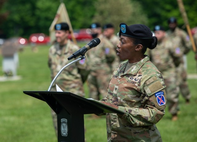 Col. Fenicia L. Jackson, incoming commander for the 10th Mountain Division Sustainment Brigade, addresses the audience during the brigade&#39;s Change of Command Ceremony May 31, 2022, at Memorial Park on Fort Drum, New York. During the ceremony, Col. Erin C. Miller relinquished command to Col. Fenicia L. Jackson. (U.S. Army photo by Spc. Anastasia Rakowsky)