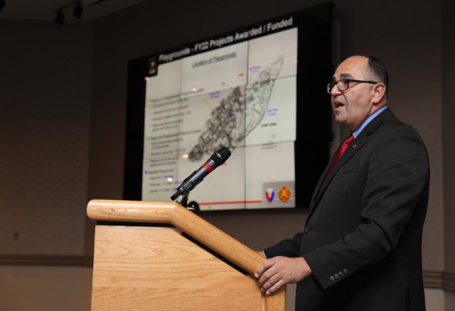 Juan Aponte, chief of Housing Management Division, discusses ongoing developments for on-post housing during a quarterly town hall at the Camp Zama Community Club, Japan, June 1, 2022. 