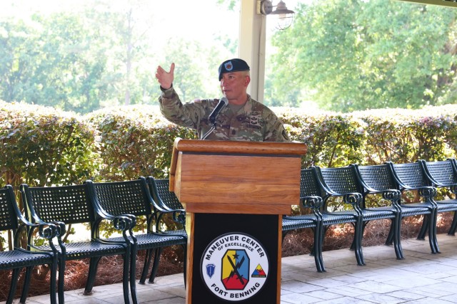 FORT BENNING, Ga.- Command Sergeant Major Brett W. Johnson relinquishes responsibility of the Fort Benning Garrison to Command Sergeant Major Michael D. Sanchez , June 03, 2022, at The Fort Benning Golf Course.  (U. S. Army Photos by Markeith Horace/ Maneuver Center of Excellence Public Affairs Photographer)