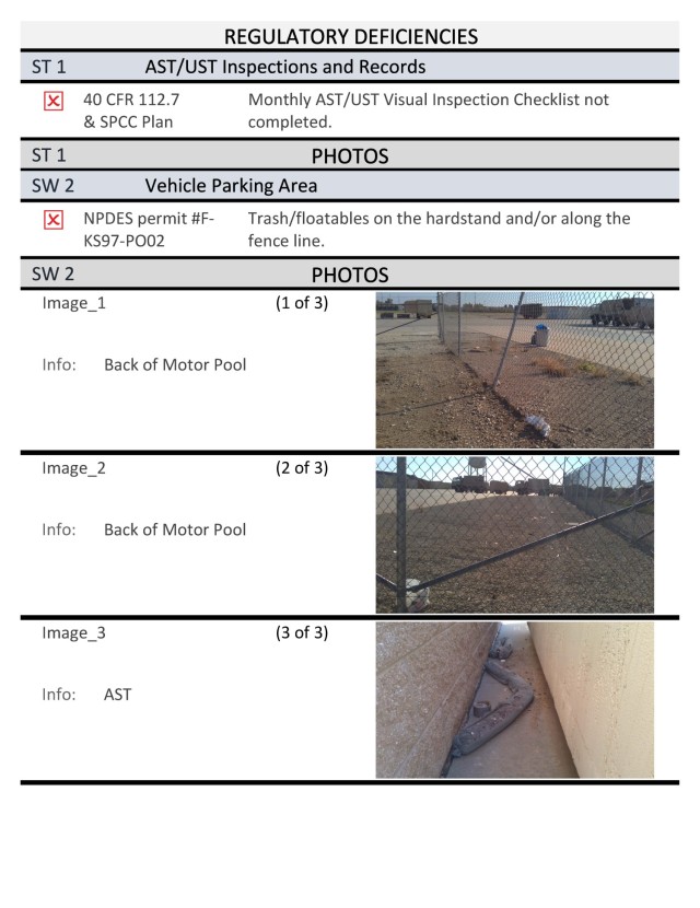 Example page from the automatically generated Summary Report.  Regulatory deficiencies are shown first, following by Best Management Practice deficiencies.  This example, shows the association of the inspection item, compliance driver (NPDES Permit), and the photographs.