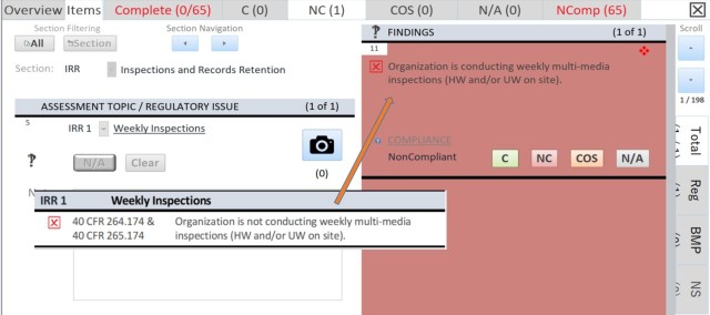 Image of tablet screen and an excerpt from report.  The inserted image (IRR 1 Weekly Inspections) is what will show in the automatically generated reports.  The regulatory citation is shown.