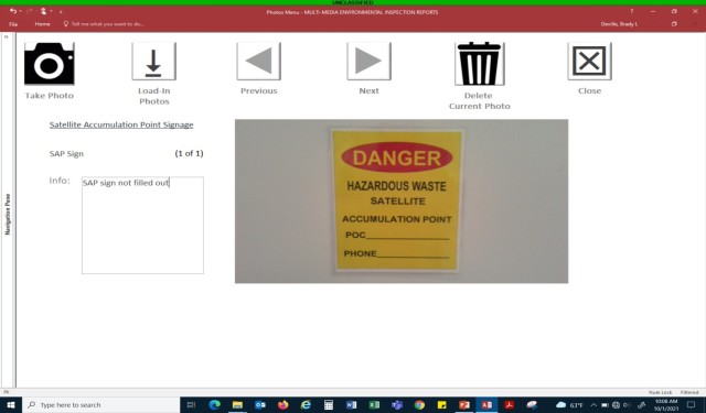 Image of tablet screen following taking the photograph of the compliance deficiency.  In addition to the photograph, a specific note can be added to the box next to “Info:”.  The information is automatically associated to the specific inspection item.