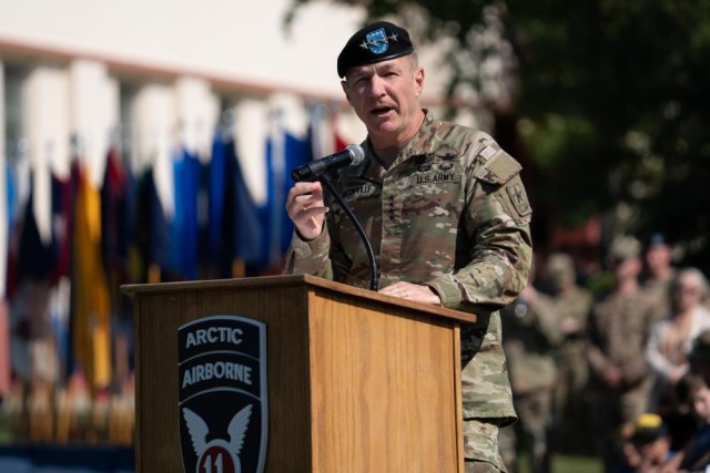 Army Chief of Staff, Gen. James C. McConville, speaks at the activation ceremony of the 11th Airborne Division on June 6, 2022, at Pershing Parade Field. 