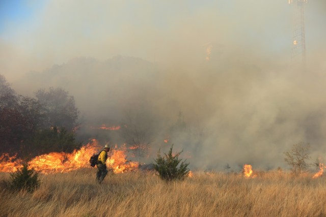      A member of the prescribed fire team firing a line in grass fuels.  Through a cooperative partnership, the team works with the USFWS Balcones Canyonlands National Wildlife Refuge Fire Module and the Directorate of Emergency Services Fire and Emergency Services Branch to enhance the natural ecosystem functions and reduce wildfire risks. In FY21, the team burned 11,381 acres in both the maneuver and live fire training areas. 
