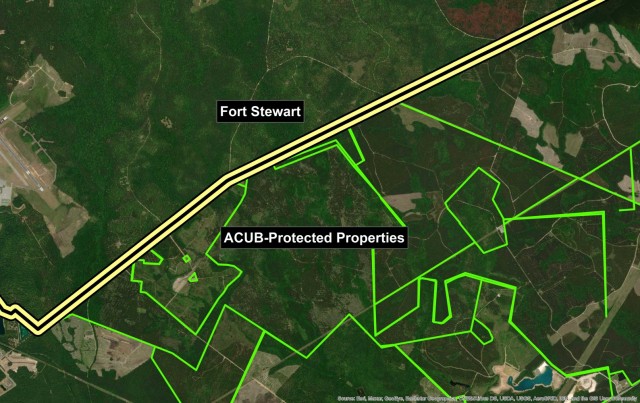 The properties outlined in green have been protected from incompatible development in perpetuity under an ACUB-compliant Conservation Easement.  The properties around Fort Stewart are working lands and ACUB Conservation Easements allow traditional uses of the land to continue (e.g., timber production, agriculture, recreation), but severely limit construction of infrastructure within the boundary of the Conservation Easement.