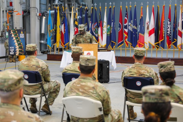Command Sgt. Maj. Paul J. Denson, senior enlisted leader for the 35th Combat Sustainment Support Battalion, speaks during an NCO induction ceremony at Sagami General Depot, Japan, June 10, 2022. 