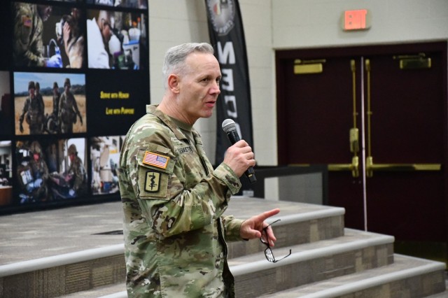 Maj. Gen. Dennis LeMaster, commanding general U.S. Army Medical Center of Excellence, addresses then audience attending a leader professional development (LPD) session focusing on U.S. Army Directive 2022-06 (Parenthood, Pregnancy, and Postpartum) at the Blesse Auditorium June 9, 2022. The session featured guest speakers Mrs. Amy Kramer, special assistant, Office of the Undersecretary of the Army, and Lt. Col. Lana Bernat, director, Female Force Readiness and Health (3SW325) and Women&#39;s Health Nursing Consultant to the Surgeon General (66G/66W), who provided the in-person audience and those watching online, with insightful information on the background and implementation of this new directive.