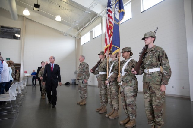 Owensboro High School&#39;s Junior ROTC cadets holds the colors as the official party enters at the Owensboro Armory in Owensboro, Ky. on June 10, 2022. The cadets held colors for the ceremony awarding Kentucky National Guard veteran Sgt. John...