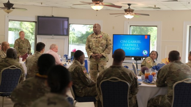 Command Sgt. Maj. Lonnie Gabriel thanked his team during a farewell luncheon at the Fort Eustis Club at Joint Base Langley-Eustis, Va. June 9.