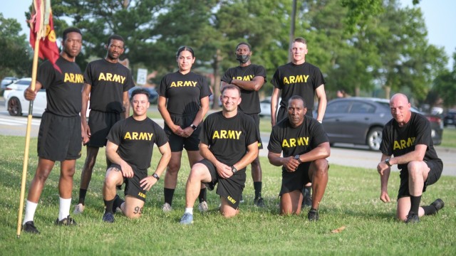  Soldiers assigned to the 689th Rapid Port Opening Element, 832nd Transportation Bn. participate in an Army Birthday Run at Fort Eustis, Va. June 14.