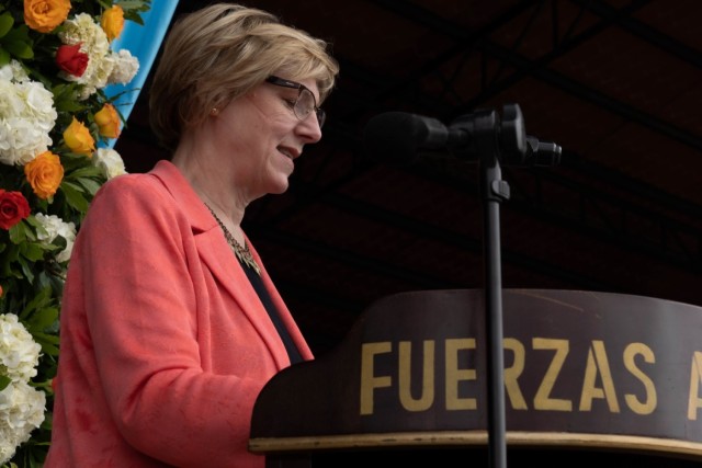 Laura Farnsworth Dogu, U.S. Ambassador from Honduras, speaks during the opening June 13, 2022, during Fuerzas Comando in Tegucigalpa, Honduras. Fuerzas Comando is a Special Operation skills competition and a senior leader seminar supported by SOCSOUTH. The competition enhances SOF regional cooperation and exchanges best practices to combat transnational crime and counter illicit activities.
