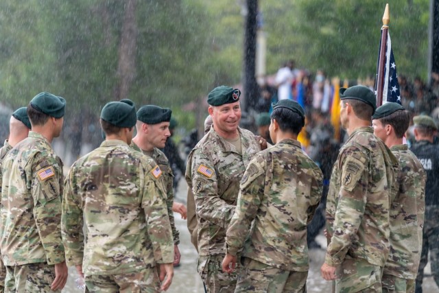 Col. Jay Brooke, Special Operations Command South Deputy commander, speaks to United States team members after the Fuerzas Comando 2022 opening ceremony on June 13, 2022, in Tegucigalpa, Honduras. Honduras hosts the event from June 13-23. About...