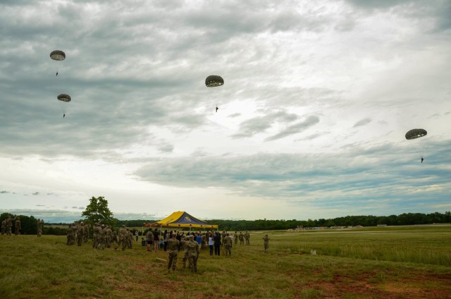 Special Operations Soldiers conducted an airborne operation on June 8 at Forney Airfield in commemoration of Sgt. 1st Class Jeremiah Johnson, a Chemical, Biological, Radiological and Nuclear Soldier who was killed while on a mission in 2017, in Africa. Johnson participated in a parachute jump for CBRN Regimental Week here shortly before he died. He was also inducted into the Chemical Corps Hall of Fame this year. 